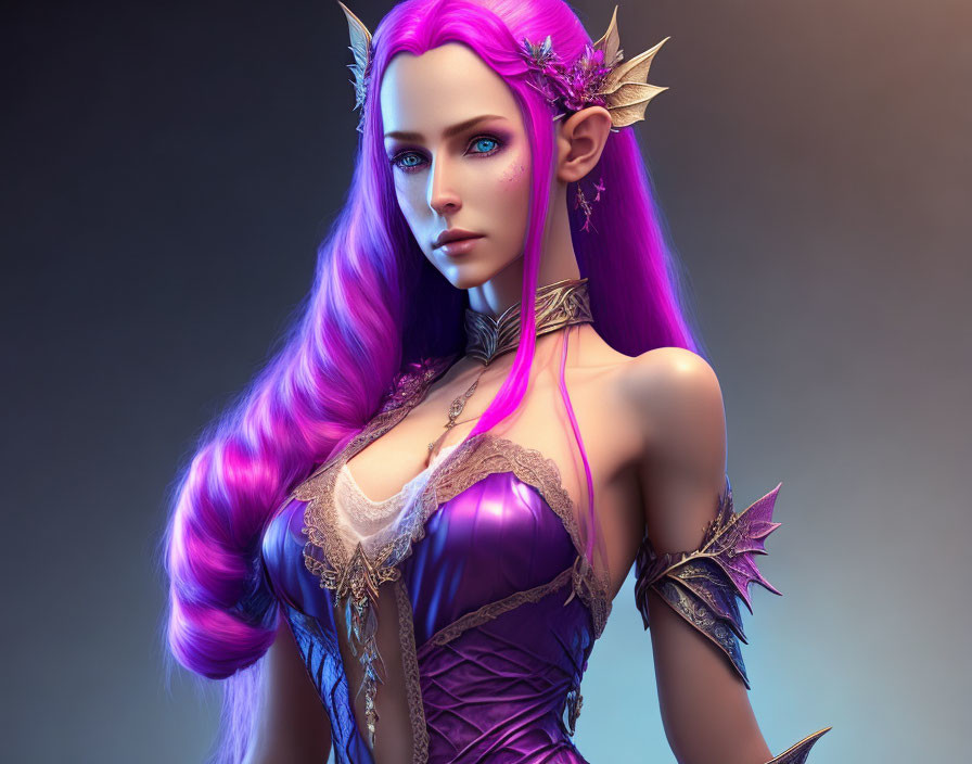 Fantasy elf with purple hair and dress in 3D illustration