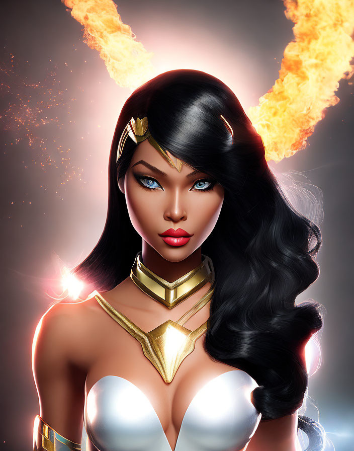 Digital portrait of female superhero with dark hair, blue eyes, gold tiara, and fiery backlit