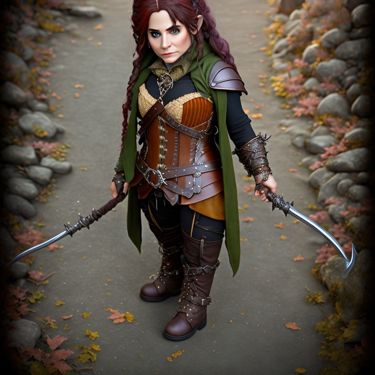 Fantasy warrior with red hair in brown leather armor wields twin blades