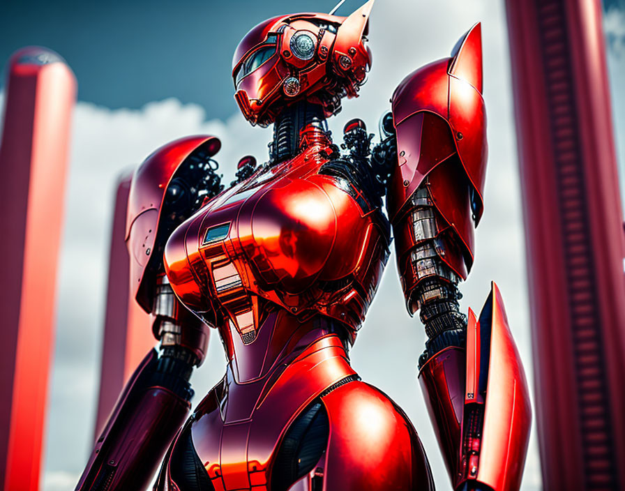 Red Futuristic Robot Standing Against Sky with Clouds and Red Structures