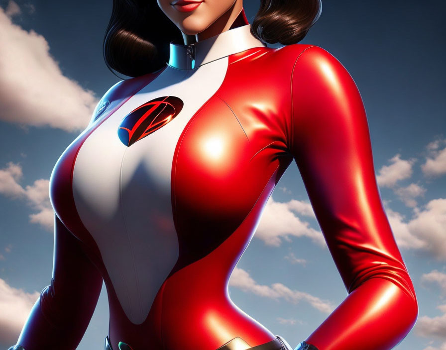 Female superhero digital illustration in red and white costume against blue sky