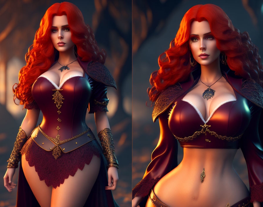 Digital Artwork: Woman with Red Hair in Fantasy Costume & Forest Backdrop