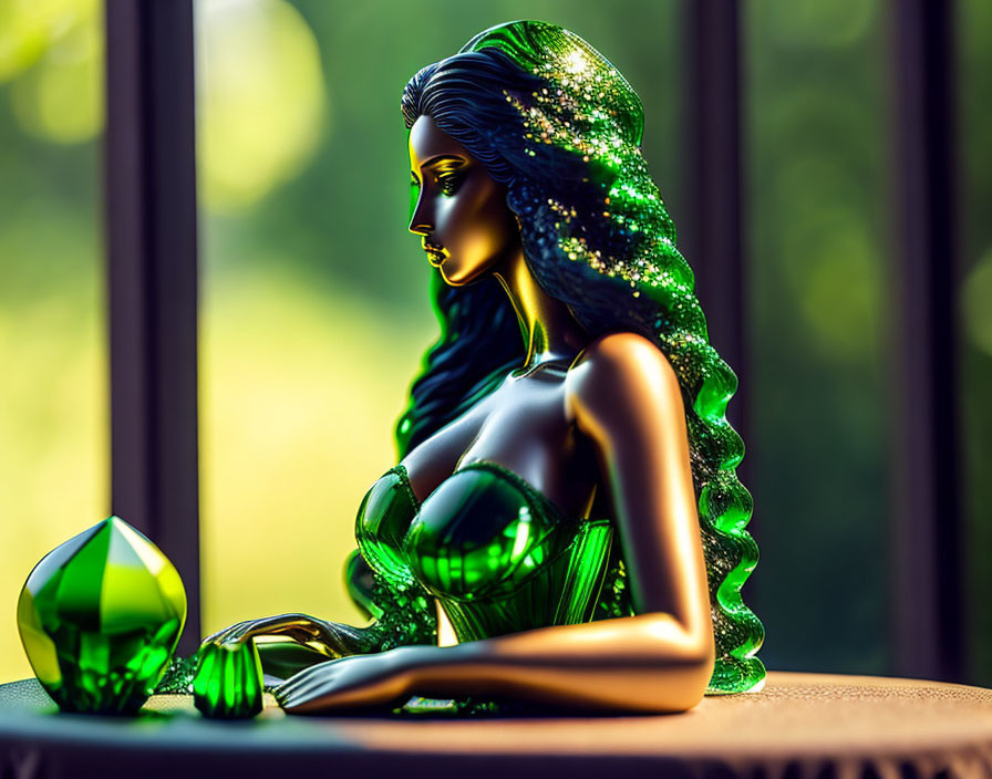 Green-haired woman figurine in metallic outfit with gemstone.