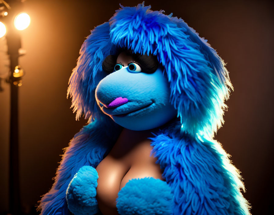 Blue Furry Puppet with Big Eyes on Dark Background