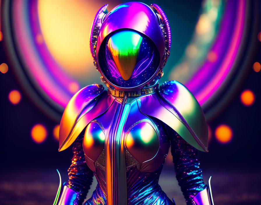 Iridescent humanoid figure in reflective suit with round helmet amid glowing lights