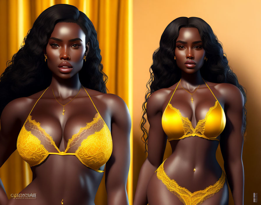 Dark-skinned woman in yellow lace lingerie with gold jewelry on golden backdrop