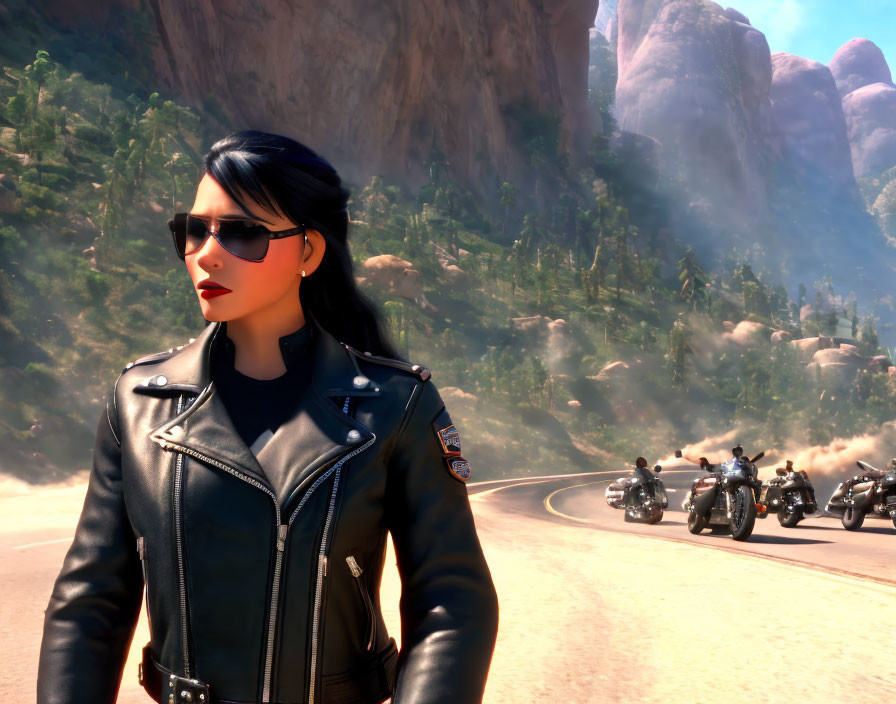 Confident woman in sunglasses and leather jacket by road with bikers.