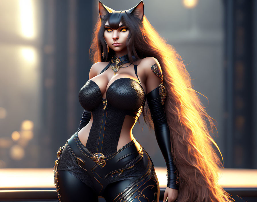 3D illustration of woman with cat-like features in black bodysuit