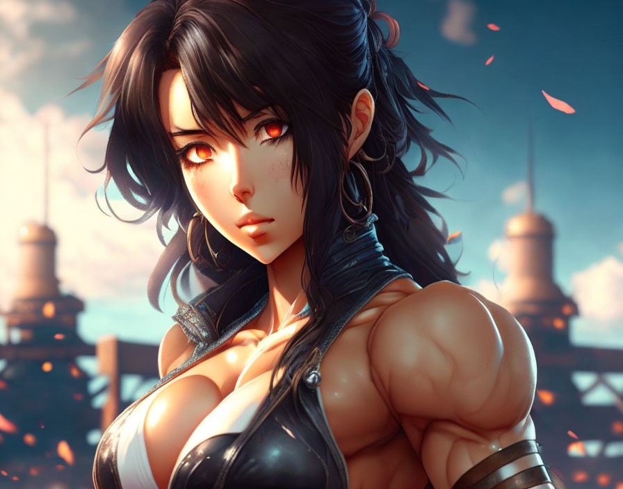 Futuristic digital art: Female character with black hair, red eyes, and muscular build.