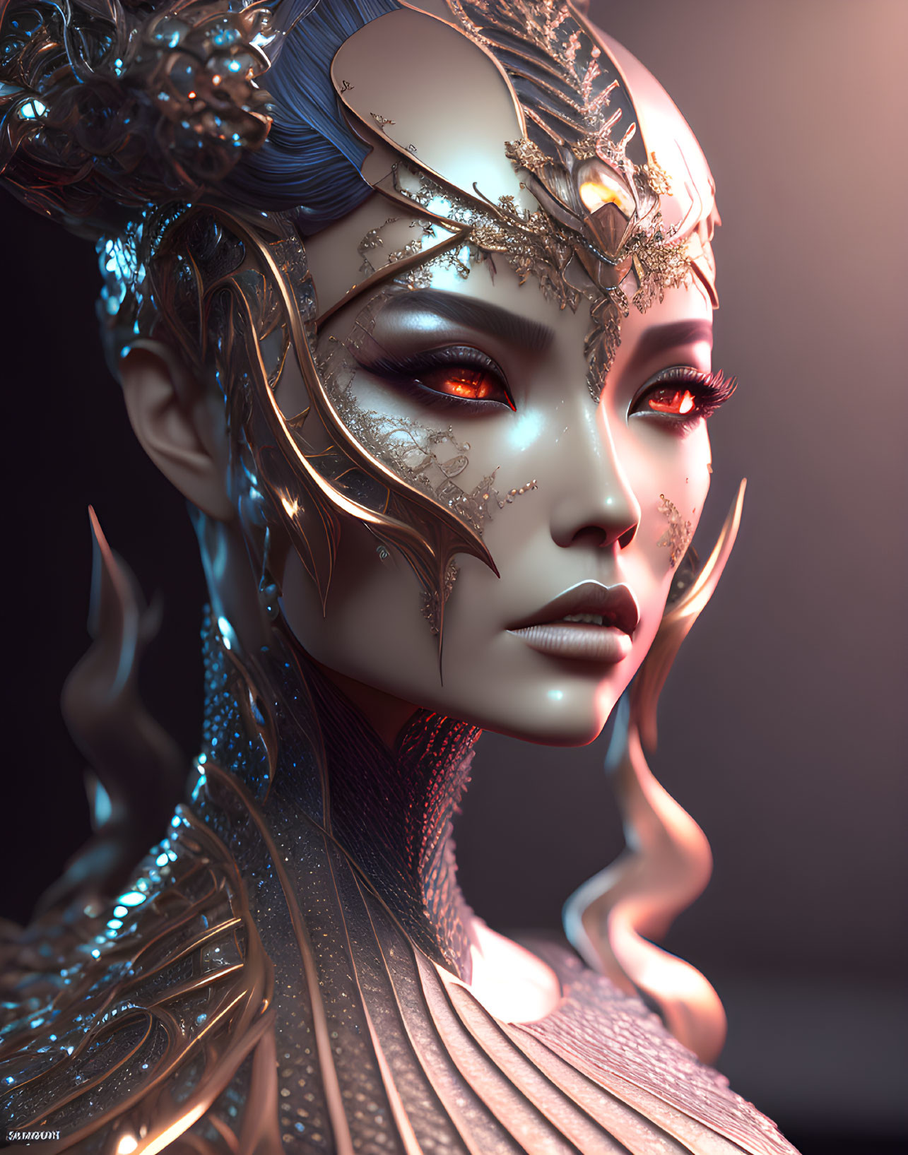 Detailed Close-Up of Fantastical Female Character with Golden Ornaments