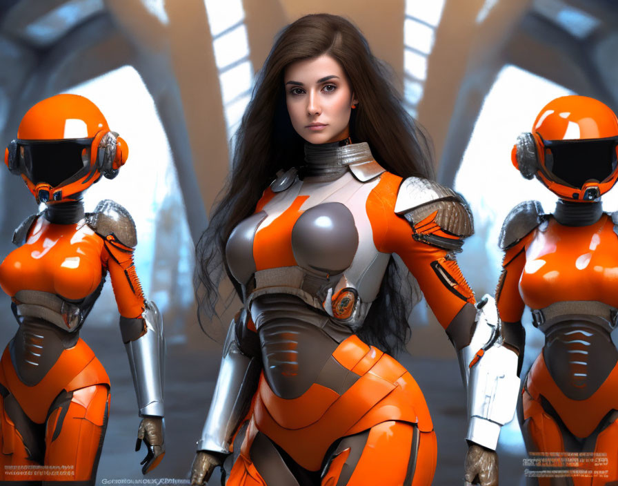 Futuristic woman in orange-and-white armor with robots.