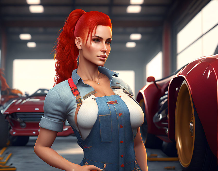 3D-rendered image of confident woman with red hair in mechanic's outfit in garage