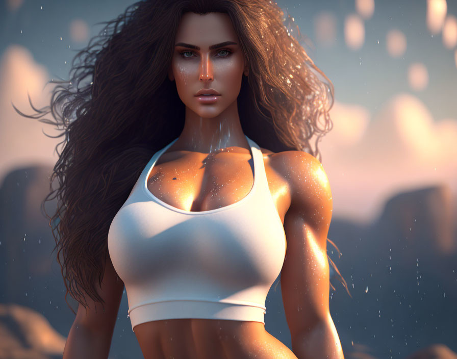 Voluminous wavy hair woman in white tank top under hazy sunlight on cliffs