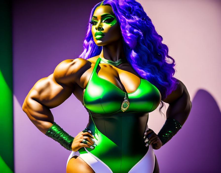 Muscular Woman with Blue Hair in Green Bodysuit on Purple Background