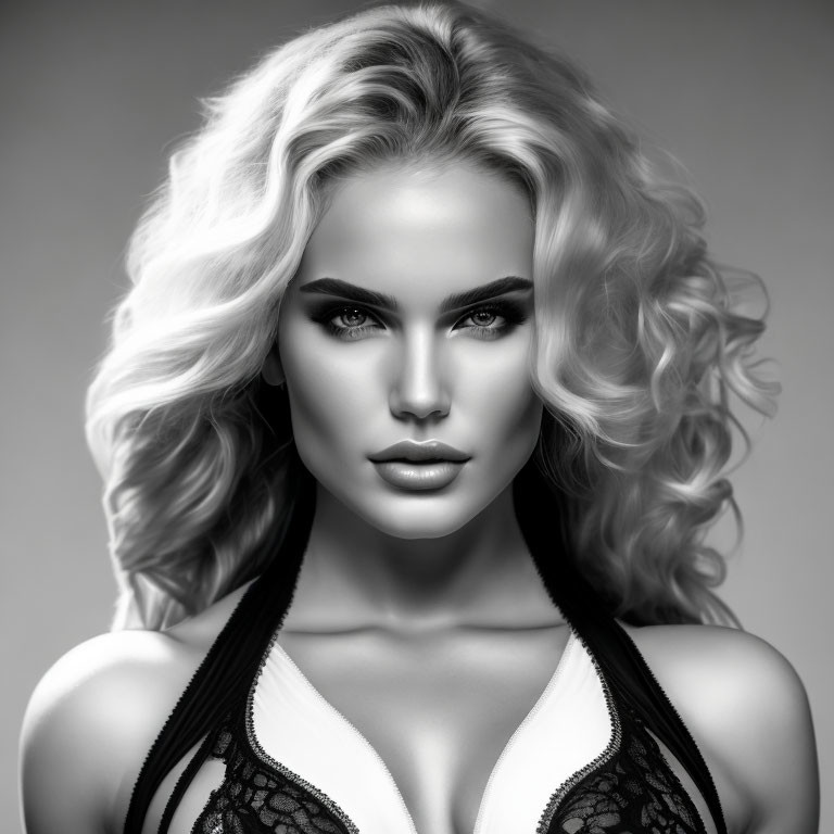 Monochrome portrait of woman with curly hair and lingerie