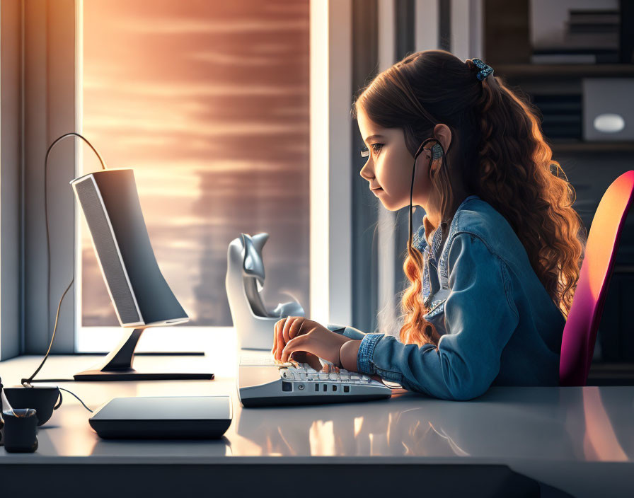 Young girl with headphones using computer in sunlit room