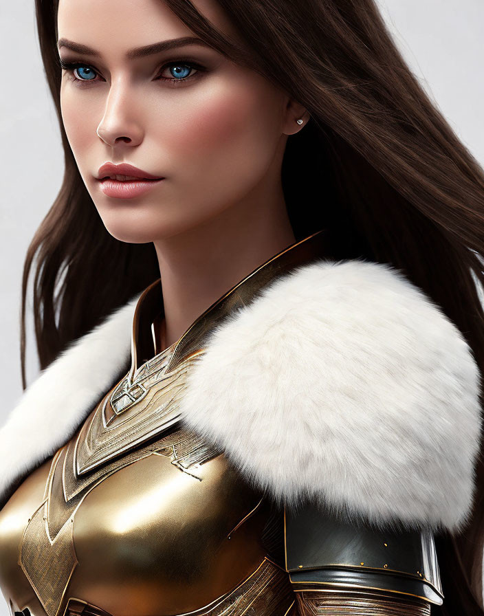 Portrait of woman with blue eyes & brunette hair in golden armor.