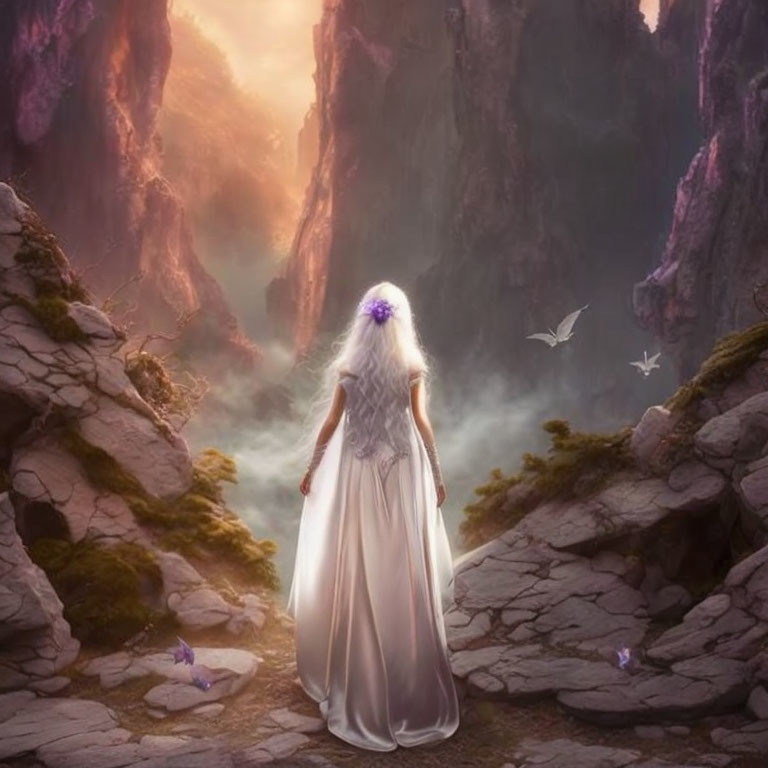 Woman in white gown gazes at mystical mountain landscape with fog and birds