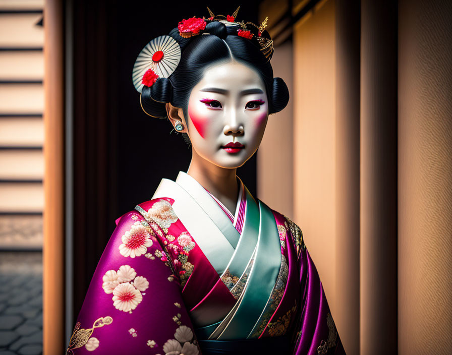 Traditional Japanese Geisha in Floral Kimono by Wooden Sliding Door