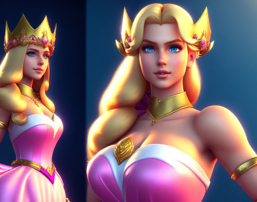 Golden-haired princess in pink dress with crown - regal 3D illustration