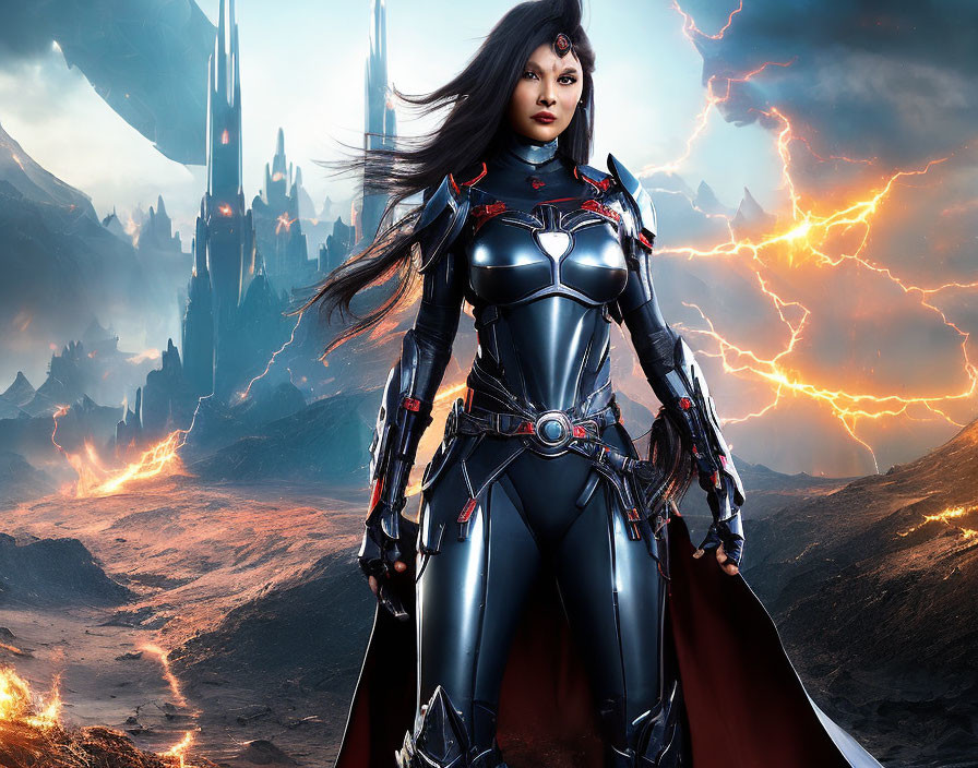 Futuristic female character in red cape with lightning and sci-fi castle.