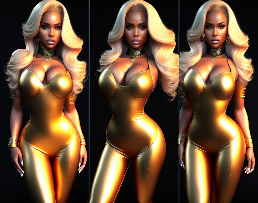 Digital Female Character in Golden Skin-Tight Outfit and Blonde Hair