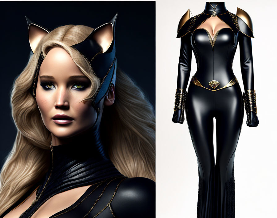 Blond woman in black costume with gold trim and cat ears.