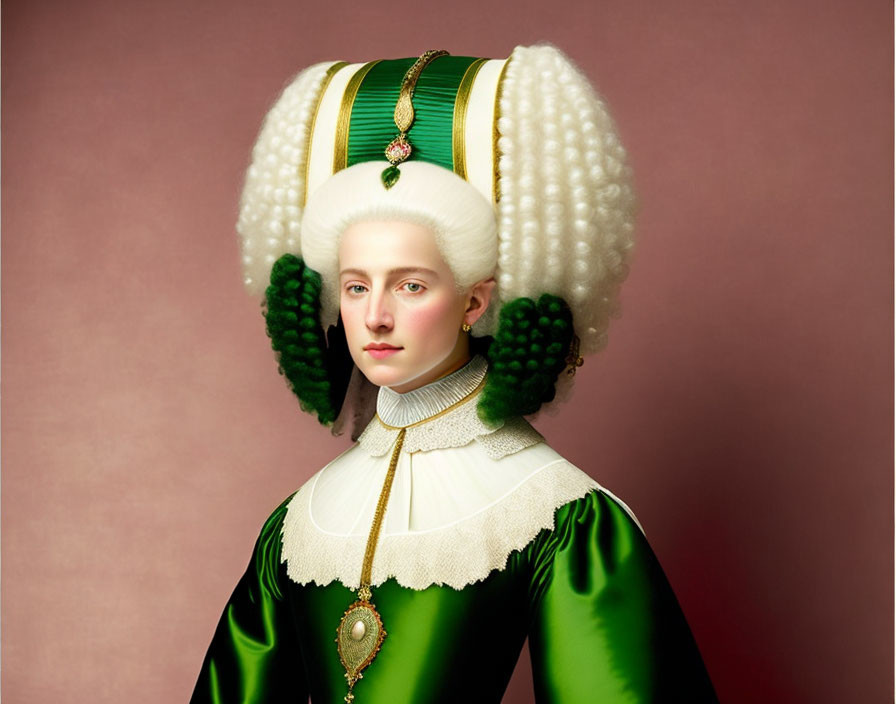 Historical figure in green dress with striped headpiece and gemstone