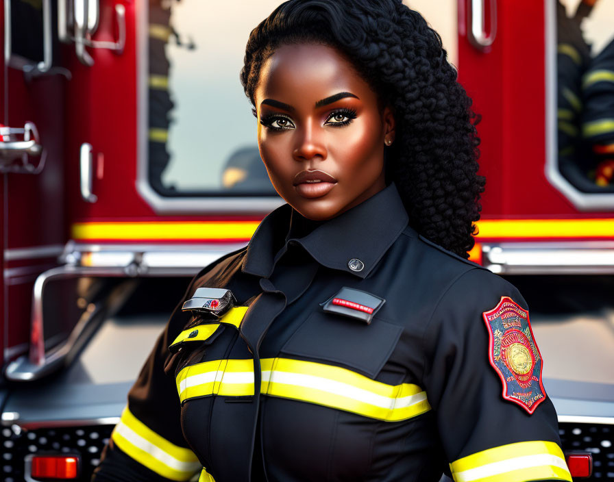 Dark-skinned female firefighter in black uniform by fire engine