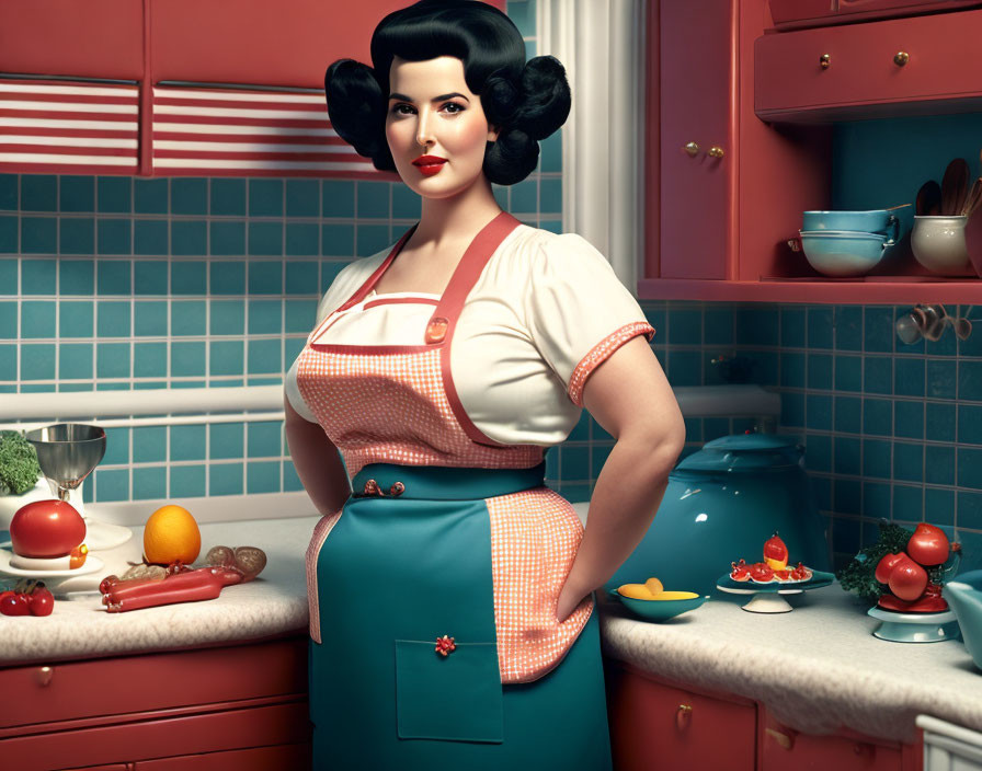 Stylized image of woman in retro kitchen with vintage style.