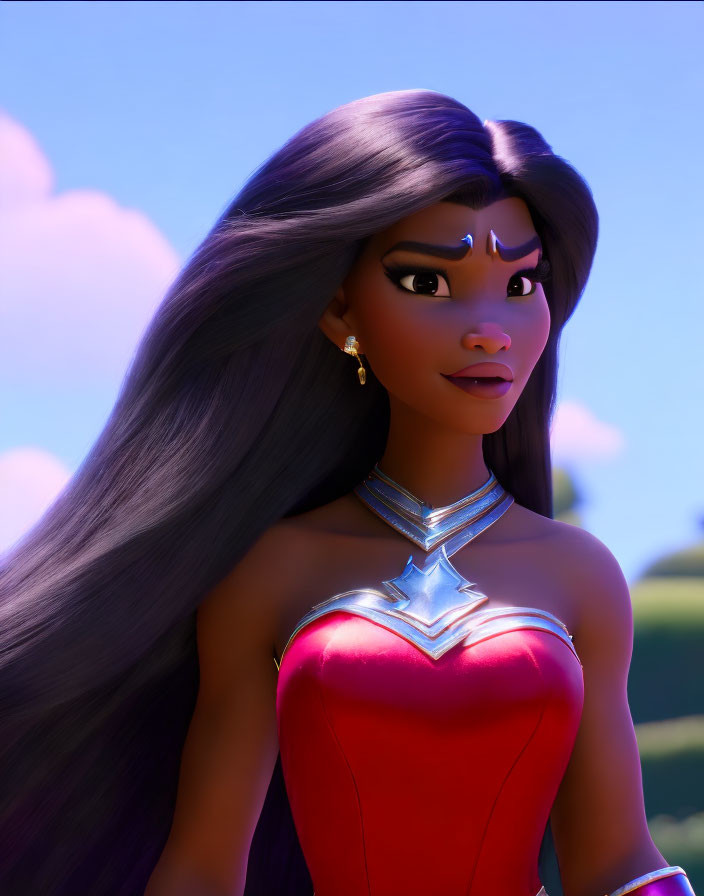 Animated character with long flowing hair, red top, blue gem necklace, and golden earrings in sunny outdoor