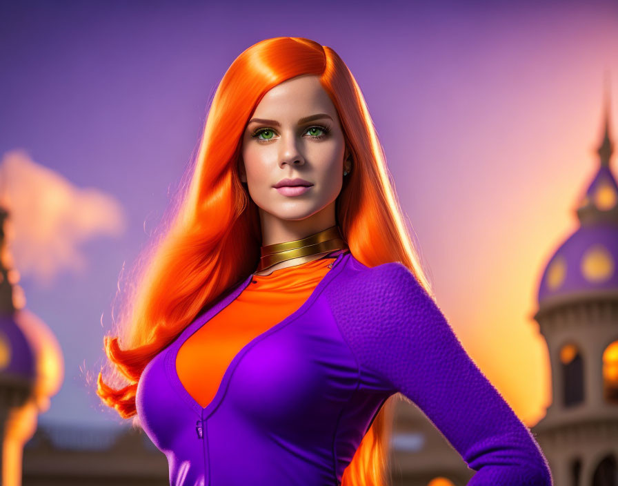 Vibrant digital artwork: woman with orange hair, green eyes, purple outfit, in front of