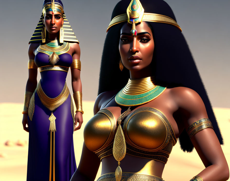 3D-animated women as ancient Egyptian queens in desert scenery