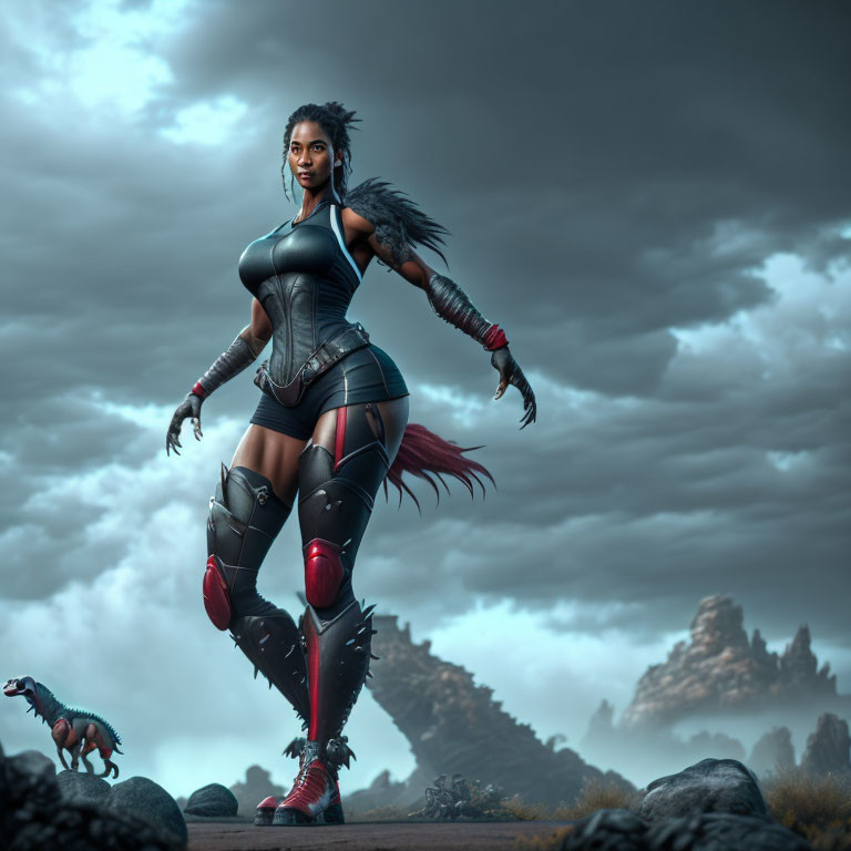 Futuristic warrior woman in armor with dinosaur in dramatic landscape