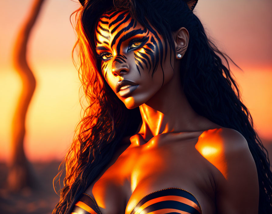 Woman with Tiger Face Paint in Orange Sunset Landscape