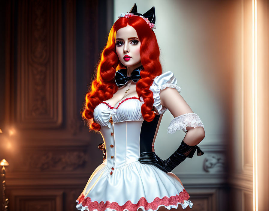 Red-haired person in maid costume with cat ears posing in ornate room