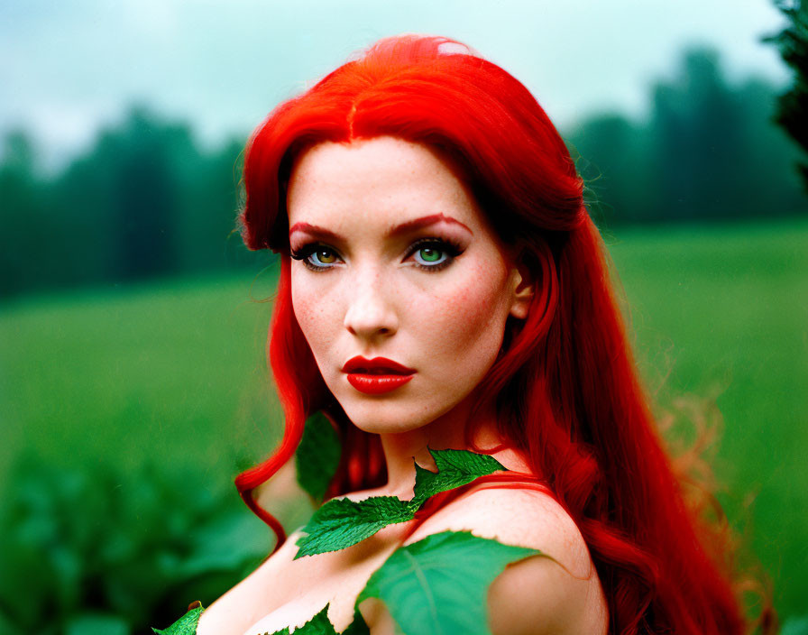 Vibrant red-haired woman in field with green foliage.