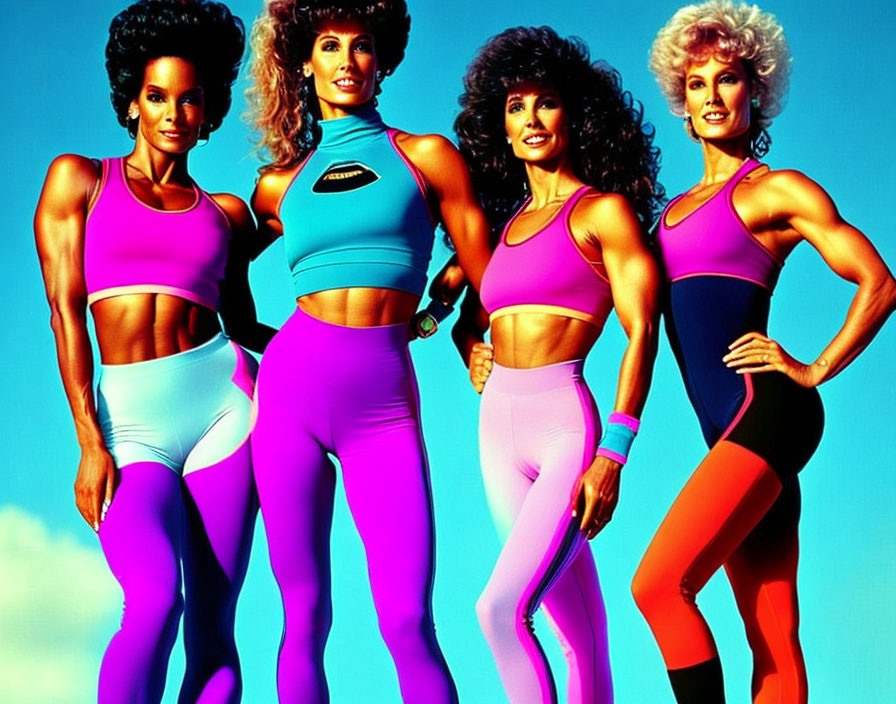 Four Women in Colorful Retro Workout Attire on Vibrant Blue Background