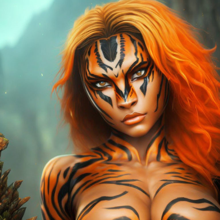 Digital Artwork: Woman with Tiger Face Paint and Orange Hair in Forest Setting