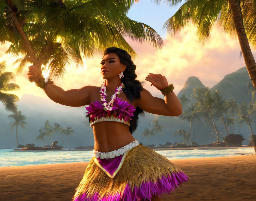 Traditional Polynesian attire female character dancing on beach at sunset