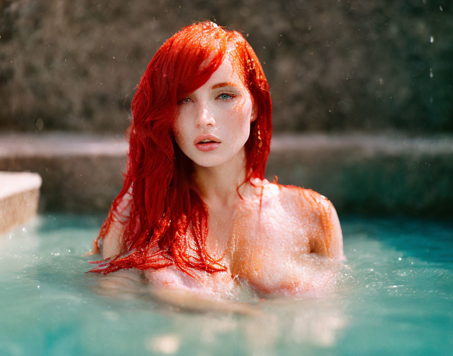 Vibrant red-haired person in blue water with droplets