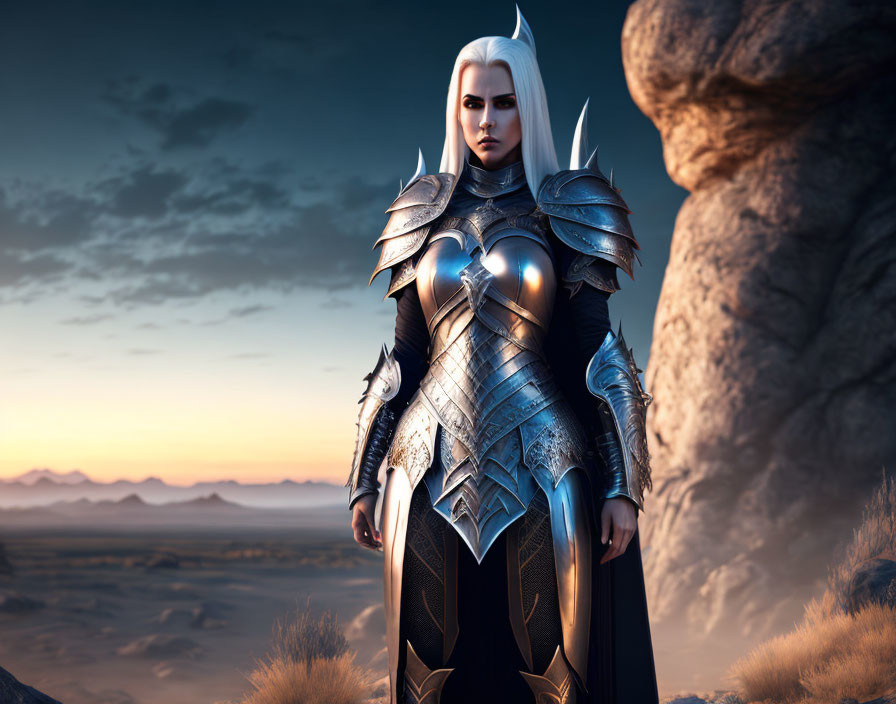 Armored female warrior with white hair in desert landscape at dusk.