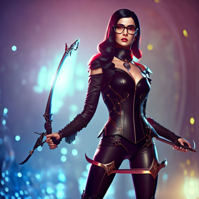 Stylized female character in black fantasy outfit with glasses and swords on sparkling background