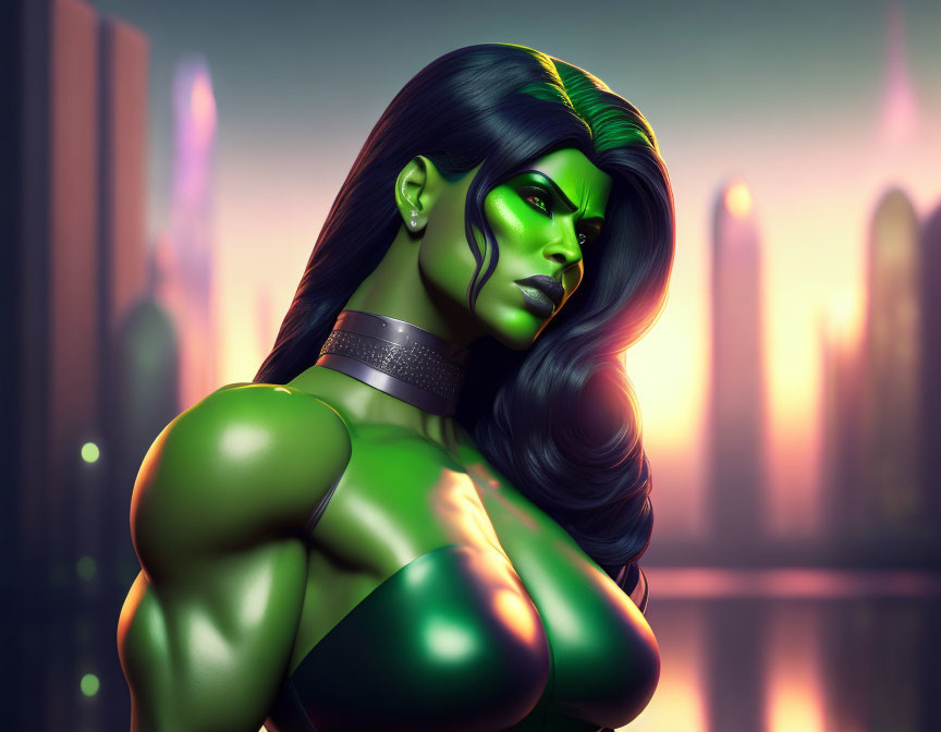 Female superhero with green skin in black suit against cityscape at dusk