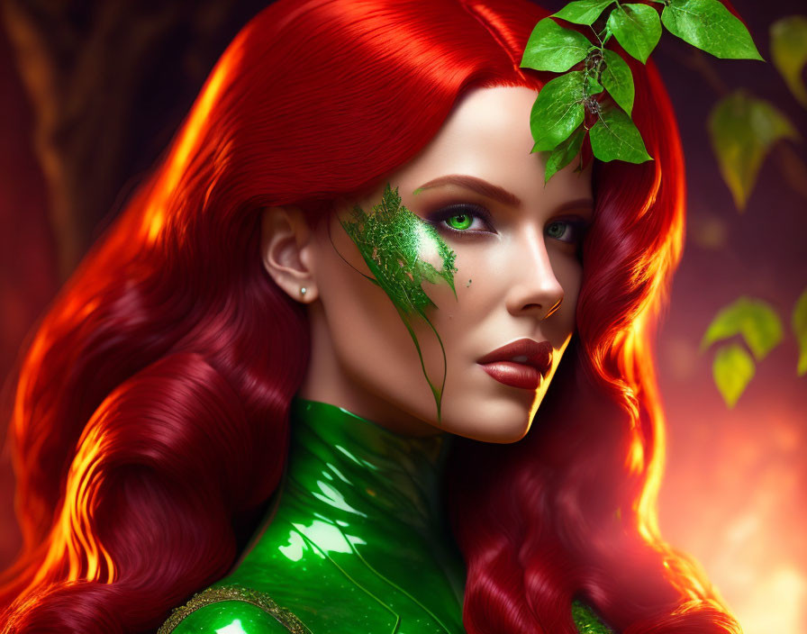 Vibrant red hair woman in green bodysuit with leaf patterns portrait