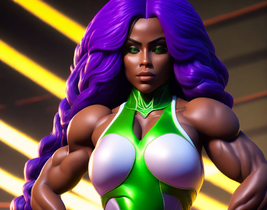 Vibrant 3D Female Illustration: Purple Hair, Green Eyes, Green & White Out