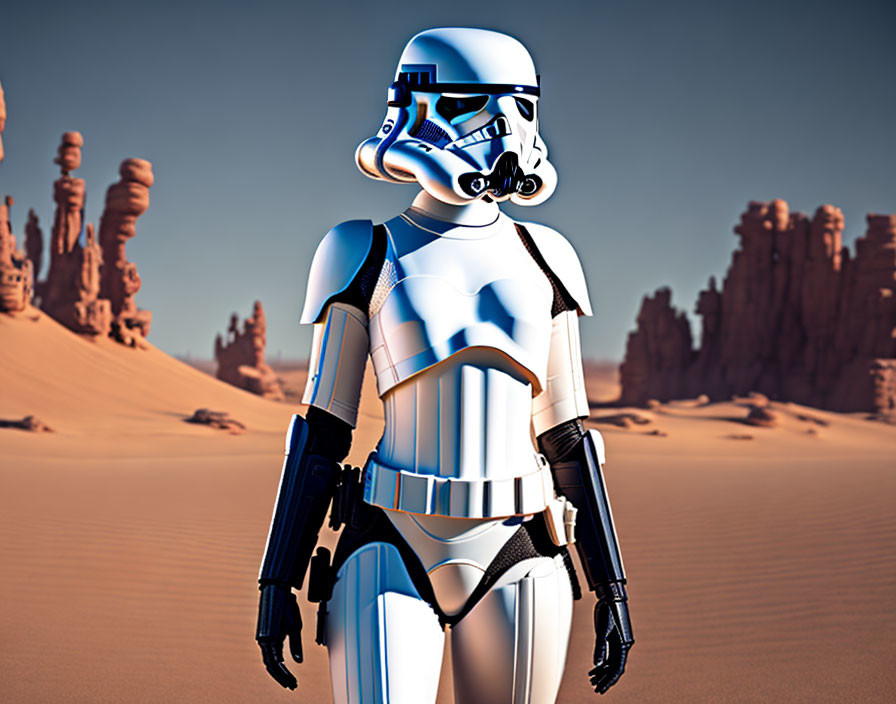 Stormtrooper in desert with rocky formations under bright sunlight