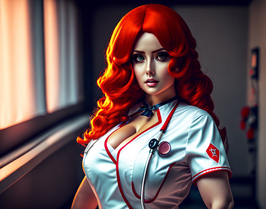 Vibrant red-haired woman in nurse's outfit with stethoscope by window