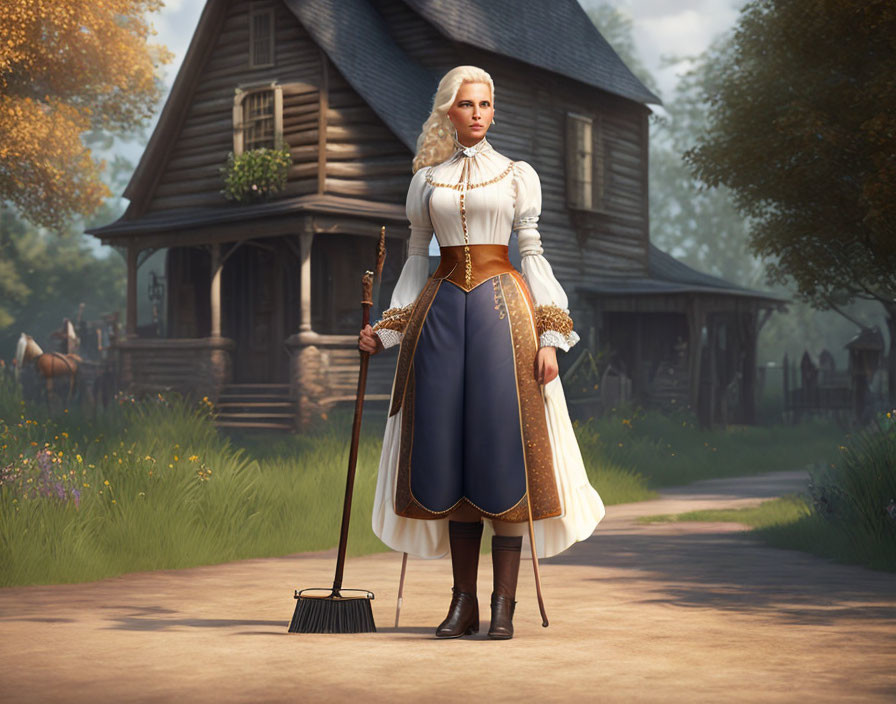 Digital illustration: Woman with white hair in historical dress holding broom in front of quaint house.