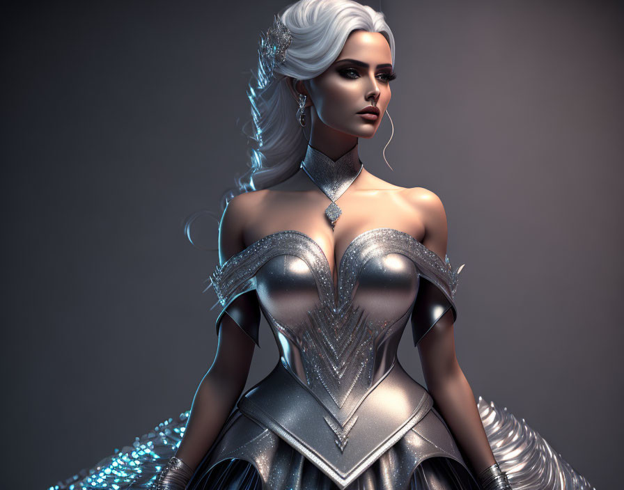 Futuristic female character in silver armor with high collar and white hairstyle